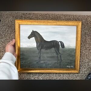 Elegant Black Horse Painting with Gold Frame